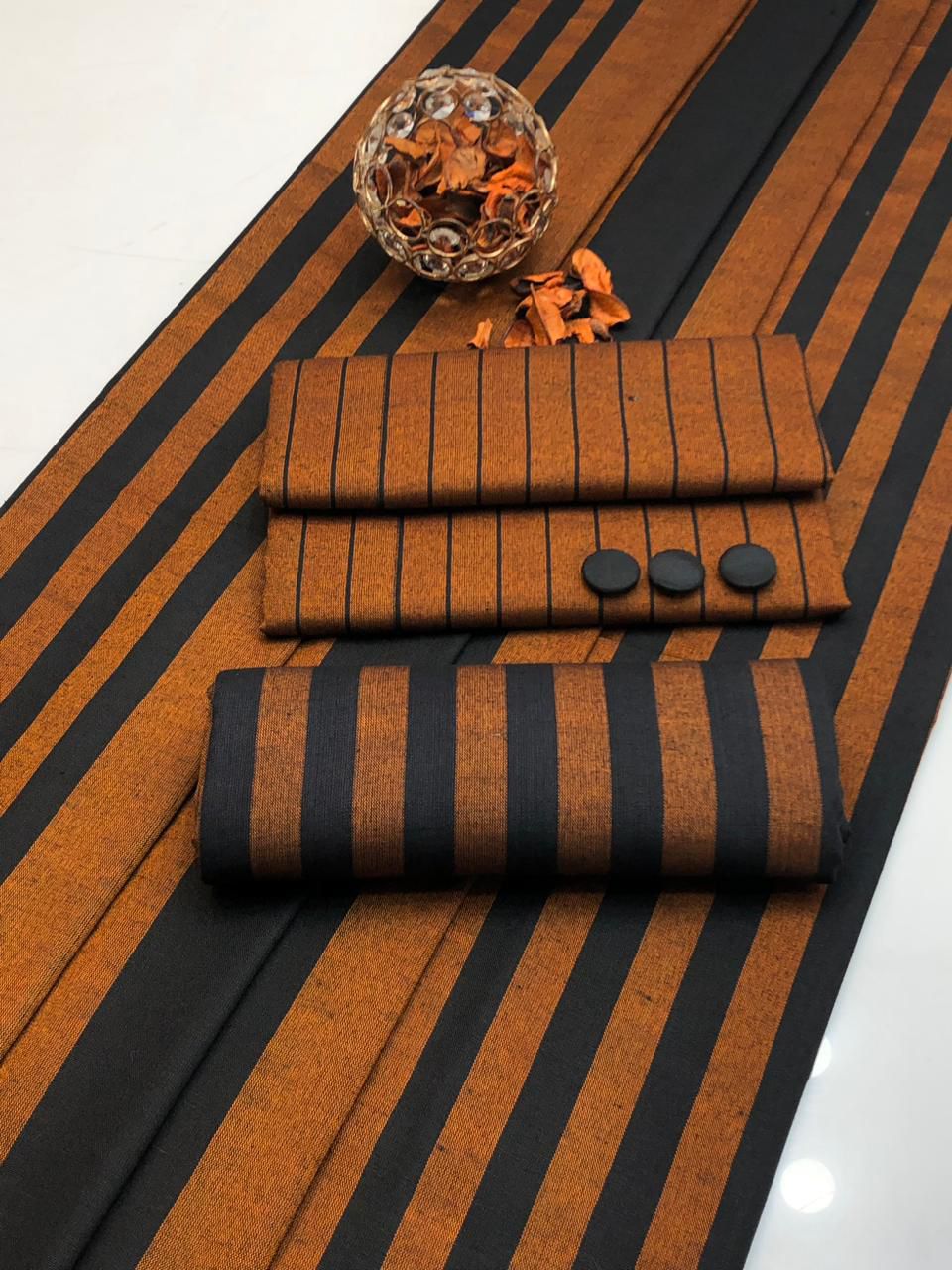 Striking Amber & Black Striped Winter 3PC Suit (Kurta, Trousers, Shawl)