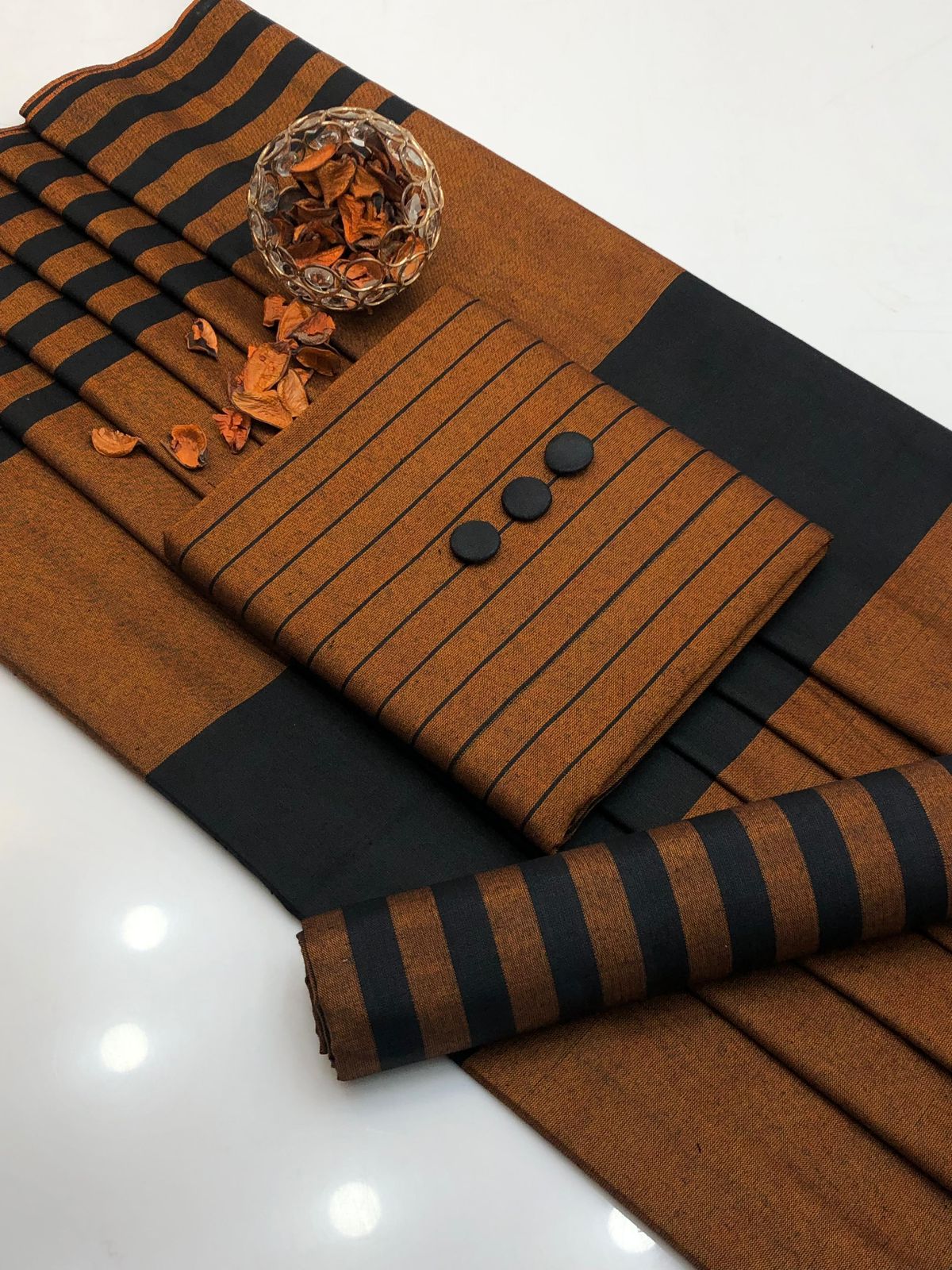 Striking Amber & Black Striped Winter 3PC Suit (Kurta, Trousers, Shawl)