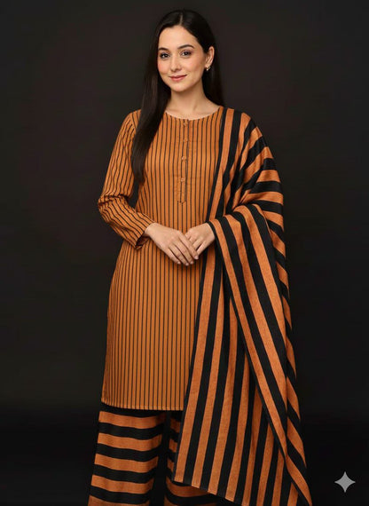 Striking Amber & Black Striped Winter 3PC Suit (Kurta, Trousers, Shawl)